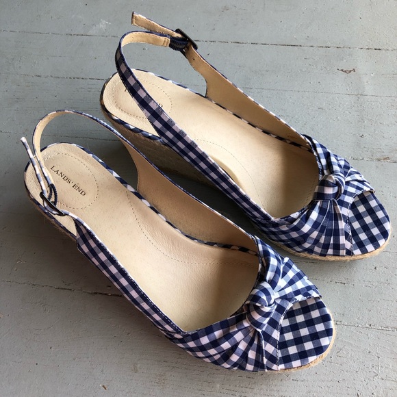 Blue Gingham Checkered Wedge Espadrilles - Picture 5 of 11